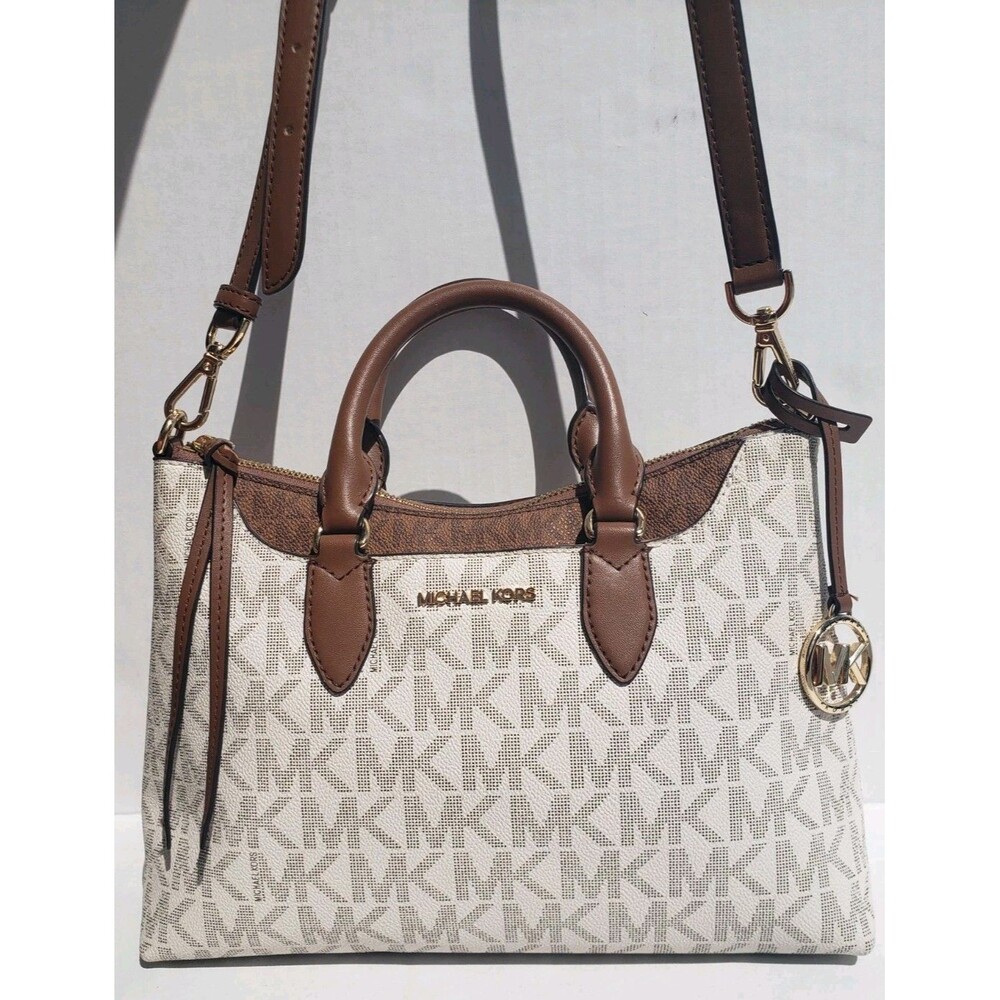 Medium Michael Kors Austen Satchel Signature Logo Vanilla & Brown Luggage EUC!